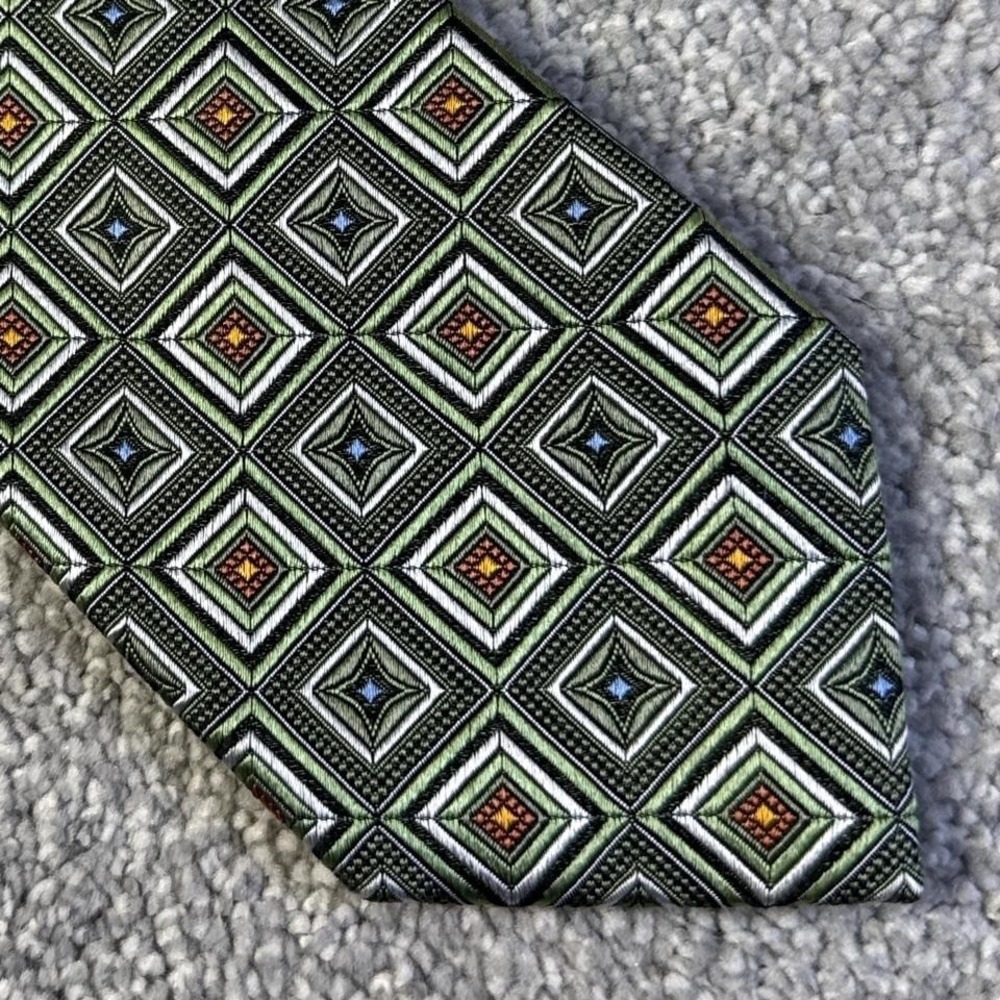 JZ Richards Silk Tie Green Multicolor Geometric Squares USA